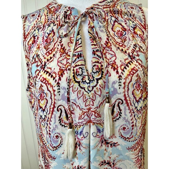 Rose & Olive Sleeveless Peasant Style Blouse, Tie Neck, Gorgeous Colors, Sz Med - Picture 4 of 11